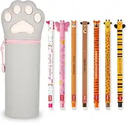 LEGAMI - Set of 7 Erasable Gel Pens + 2-in-1 Pencil Case Pen Pot - with Thermosensitive Erase Ink, Range of ink colours & barrel designs, 0.7mm Tip (Kitty)