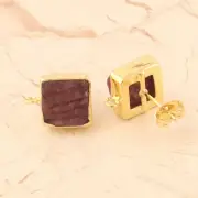 Natural Raw Ruby Collet Set Gold Plated Handmade Stud Earring Connector Jewelry