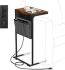 C Shaped End Table with Charging Station Small Couch Side Storage Bag Power