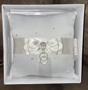 RING BEARER PILLOW PEARLS/RHONESTONE 7” BRIDE WEDDING ACCESSORY WHITE/BEIGE BOW
