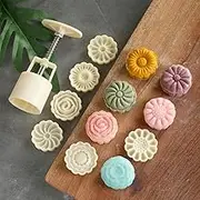 PIXRIY Mooncake Mold with 6 Stamps,Mid-Autumn Festival Hand-Pressure Flower Moon Cake Mould 50g DIY Decoration Mooncake Press Molds