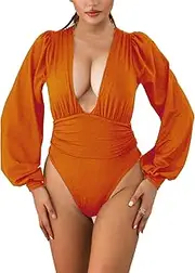 [Syydn] Women's Deep V Neck Tops Sexy Puff Sleeve Bodycon Jumpsuit Stretchy Bodysuit Jumpsuits