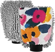 XYMZR Florals Color Pattern Absorbent Microfiber Car Wash Mitt, Funny Cute Anime Scratch Free for Cars Cleaning, Home Cleaning Mitts, 2 Pack, 10.24” L x 7.09” W