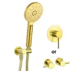 Brushed Gold Round 3 Mode Hand Held Shower Head Holder Set Hose Elbow Mixer Tap