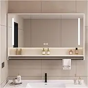 Led Bathroom Mirror Cabinet, Bathroom Mirror with Storage and Towel Rack, Bathroom Cabinet Wall with Demister, Waterproof Bathroom Wall Mirror(50.4in)