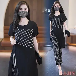 熹熹服裝小隻馬 套裝 小隻女套裝 太空棉套裝 棉花糖女孩套裝 熟女套裝 千金套裝 大尺碼女裝條紋雪紡套裝2023夏裝新款短袖胖M