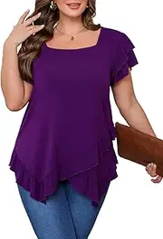 [Beauhuty] Womens Plus Size Shirts Square Neck Tops Ruffled Hem Tunic Casual Flowy Dressy Blouses Ruffle Short Sleeves Summer