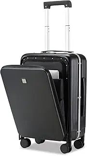 [Hanke] 20 Inch Carry On Luggage with Front Pocket Aluminum Frame Cabin Hand Luggage Hard Shell Suitcases with Wheels Luggage Travel Rolling Suitcase(Jet Black)