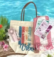 Beach Bundle Summer Vibes Tote Bag/Turkish Beach Towel /Mini Fan/2 Face Masks