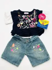 Build a Bear Justice Y2K Black & White Shirt w/ Neon Paint Splattered Jeans NWT