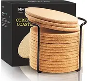 BETUS Round Cork Coasters 16pc Bulk Set with Metal Holder - 4" Diameter & 1/5" Thick - Drink Absorbent, Heat-Resistant, Reusable Saucer Pad for Glasses, Cup, DIY project, Restaurant & Wedding Supplies