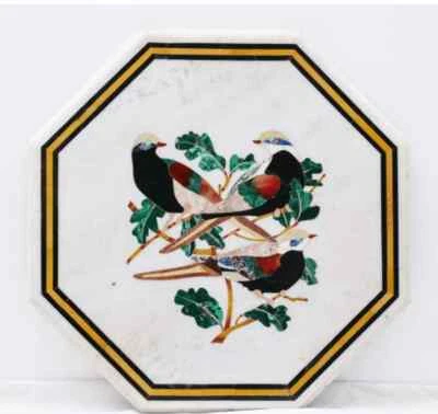 24" white marble table top coffee center bird pair inlay pietra dura wall decor