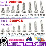 200pcs M4 304 Stainless Steel Pan Flat Head Self-Tapping Screws Assorted Kit AU