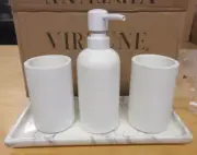 White Marble Tray Bathroom Set 4 Pcs, Lotion / Soap Dispenser, Toothbrush Holder