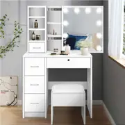 ALFORDSON Dressing Table - LED 10 Bulbs Stool Set Slide Mirror Makeup (White)