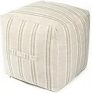 AELS Unstuffed Farmhouse Pouf Cover for Living Room, Boho Storage Bean Bag Cubes, Beige with Brown Stitch Yarn Dyed Stripe Linen Square Ottoman Pouf Foot Rest Footstool, 18"x18"x18", Cover ONLY