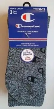 Champion Crew Socks 3 Pairs Men's Size 6-12 Authentic Activewear Grey/Black