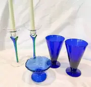 Vintage Green and Cobalt Blue Tapered Candlestick Holder