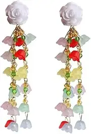 [RYEPOLNIX] Handmade Earrings Colourful Rose Flower Beaded Tassel Earrings Holiday Summer Beach Sweet Cute Cool Girls Party Earrings/609