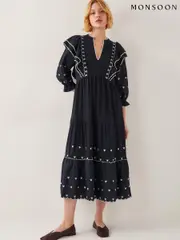 Monsoon Black Freya Frill Jersey 100% Cotton Midi Dress (F89683) | $196