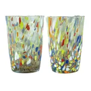Pair of 2 Two Murano Glasses Drinking Tumbler Yellow Multi Hand Made Millefiori