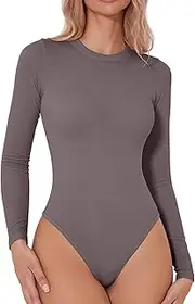 [QINSEN] Women's Seamless Long Sleeve Bodysuit Crew Neck Basic Stretch T Shirt Top