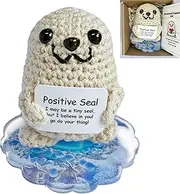 Funny Positive Crochet Animal, Mini Cute Knitted Animals Seal Plush, Handmade Emotional Support Gifts for Family，Friends, Cute Desk Decor (Beige Seal)