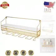 Gold Wine Storage Rack, Wall-Mounted for 8 Bottles & 5 Glasses with Cork Holder