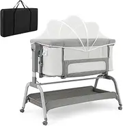 BABY JOY 4 in 1 Baby Bassinet with Mattress, Baby Bedside Sleeper w/Rocking Mode, 6 Adjustable Height, Mosquito Net & Lockable Wheels, Portable Baby Cradle Travel Crib w/Carry Bag (Light Grey)