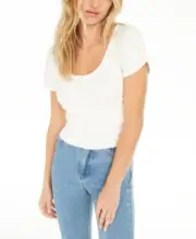 Bar Iii Becca Tilley X Button closure Tulip Sleeve Henley Top Snow Globe S
