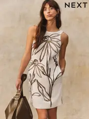Cream Mono Placement Floral Scoop Back Mini Shift Dress With Linen (AG5110) | $64