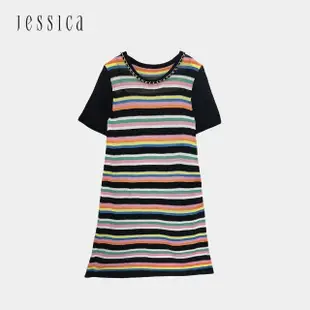 【JESSICA】清新修身顯瘦彩條短袖針織洋裝223270