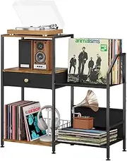 D.S.Exthefic 3 Tier Record Player Stand, Vinyl Shelf with Display Storage Up to 200 Albums, Vintage Turntable Holder Large End Table for Media Stereo Living Room, Black & Brown