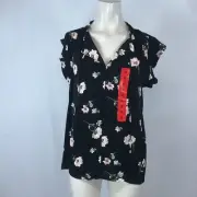 BUFFALO DAVID BITTON - WOMEN'S MEDIUM - BLACK WOVEN FLUTTER SLEEVE FLORAL SHIRT