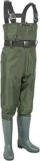 AIMALL Waterproof Wading Pants with Built-in Boots, Breathable Nylon Full-Body Rain Pants, Half-Length Fishing Pants with Adjustable Elastic Straps, Army Green and Black (Sizes 39-46)