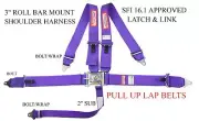 3" PURPLE RACE HARNESS PULL UP LAP BELTS LATCH & LINK ROLL BAR MOUNT SFI 16.1