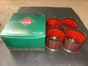 4 Vintage Red Scottish Plaid Whiskey Old Fashioned Glasses Gold Crowning Touch
