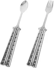 Portable Butterfly Knife,Butterfly Knife Trainer Folding Fork Spoon Stainless Steel Outdoor Picnic Camping Tableware Spoon Shortcut