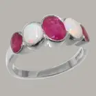 Solid 18k White Gold Natural Ruby & Opal Womens Band Ring - Sizes 4 to 12