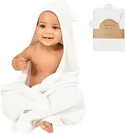 Munich Blue Baby Bath Hooded Towel for Boys and Girls - Soft and Cozy Bamboo and Cotton Bath Towel with Cute Bear Ears for Newborn, Infant and Toddler - White, 600 GSM, 90x90cm