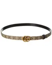 Gucci Gg Marmont Thin Reversible Gg Supreme Canvas & Leather Belt Women's Beige