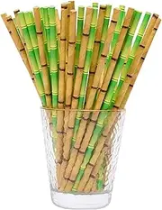 [YAOSHENG] 100 Pcs 2 colors Biodegradable Green Bamboo Paper Straws for Drinking Juices Shakes Birthday Wedding Party Supplies decorations