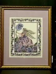 1997 Janlynn Purple Pansy Cross Stitch Completed Art Work Prof Framed 22x18 In