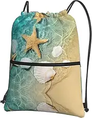 EdWal Starfish And Seashell Pattern Print Drawstring Backpack Gym Bags Sports Bags With Zipper Pocket For Travel Beach, Black, One Size
