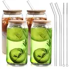 Glass Cups with Bamboo Lids and Straws 4pcs Set, 16oz Can Shaped Drinking Bee...