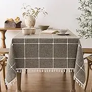 Boho Grid Table Cloth with Tassels (Cocoa Brown, 60" x 120"), Heavy Weight Linen Checked Embroidered Farmhouse Tablecloth, Water Resistant Rectangle Brown Tablecloths