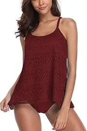 [FLYILY] Women Stripes Tankini Swimwear with Brief Mesh Swimming Costume 2 Piece Tummy Control Bikini Sets Plus Size(FBA)