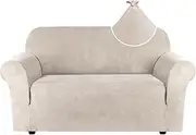 [Smarcute] Stretch Suede Sofa Cover for 2 Cushion Couch Cover Sofa Slipcover Furniture Cover for 2 Seater Sofas, Feature Elastic Bottom and Water Repellent Soft Fabric (2 Seater Sofa, Natural)