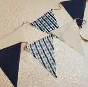 Denim Burlap Navy Blue White Cream Fabric Banner Rustic Chic Decoration 2 yards