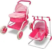 Baby Doll Stroller and Doll Swings for 15 inches Dolls | 8 in 1 | Doll Pram/Carrier/Stroller with Removable Bassinet & Bed, Changing Bag Pink